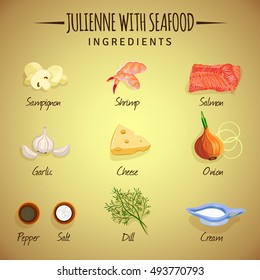 Vector image. Julienne with seafood. Ingredients