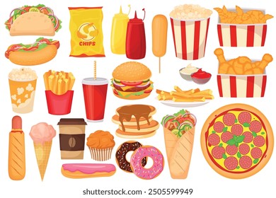 Vector Imagen de comida chatarra. Snack y concepto de comida rápida. Elemento para su diseño de Sitio web, Anuncio, etc.