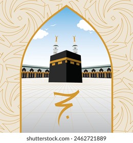 Vector image of Kaaba Sharif with arch and beautiful pattern. Hajj written in arabic calligraphy. EPS. Vector.