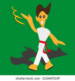 Vector image of a karateka doing a movement, on a green background.