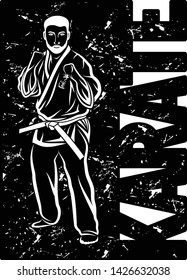 Vector image karateka. Hieroglyphs – karate - way of an empty hand. Japanese traditional martial art. Illustrations for t shirt print. Grung style. Vector stripe on a kimono. 