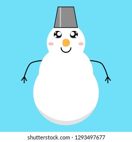 Vector image kawaii smile winter snowman with a bucket on his head on blue background