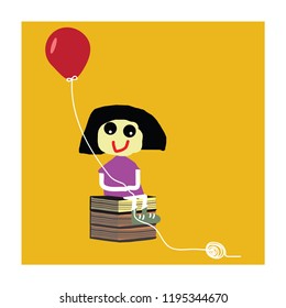 Vector image of kids drawing design.Little girl sit on a stack of books and hold the red balloon.Girl smile and looks happy.Children studying by their nature,kids self esteem.Concept of stem education