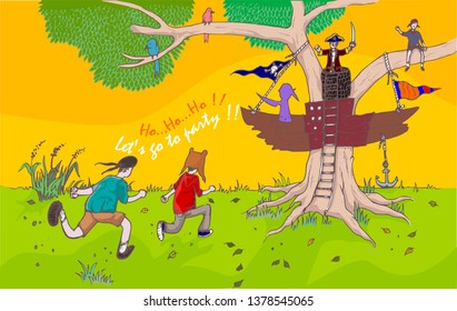 Vector image of kids playing pirate game.