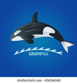 Vector image of a killer whale. Jumping over sea wave whale.