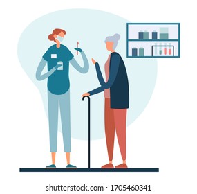 Vector image of kind female nurse in uniform taking medical care of elderly woman visiting hospital isolated on white background