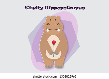 Vector image of kindly hippopotamus holding a flower,paper art style.