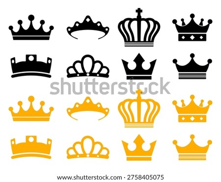 Vector image of the king and queen's crown. Collection of golden royal crown symbols. Luxurious symbols of monarchy and leadership. Element for your design.