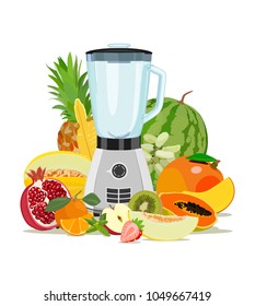 Vector image of kitchen blender with fresh watermelon, grapes, melon, pineapple, pomegranate, orange, strawberries, kiwi with apple, mango on white background. Concept of Health food, drink for family