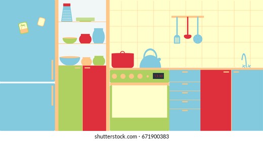 Vector image of kitchen interior in modern style. Simplicity and minimalism, bright colors. Depicted refrigerator, stove, dishes, Cutlery.