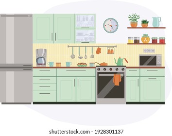 家具やストーブ 食器棚 食器 冷蔵庫 道具など 居心地の良い台所 フラットなカートーンスタイルのベクターイラスト のベクター画像素材 ロイヤリティフリー