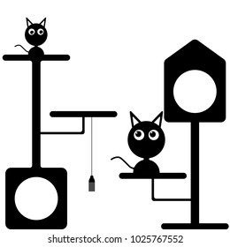 Vector image of a kitten and a cat near the cat houses. Flat black and white pattern