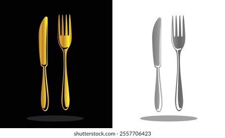 vector image of a knife and fork logo in cool gold color and on a black and white background