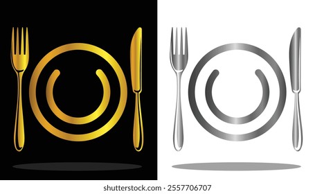 vector image of a knife, plate and fork logo in cool gold color and on a black and white background