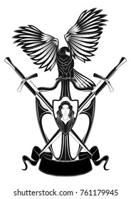 The vector image of a knightly board with the image of the girl and a heraldic tape, two swords and a hawk. Vector illustration.