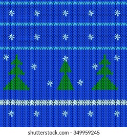 vector image of a knitted fabric in the New Year with style firs and white snowflakes on a blue background.