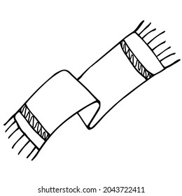 Vector image of a knitted scarf. Black outline. Hand-drawn. Knitted winter and autumn clothing.
