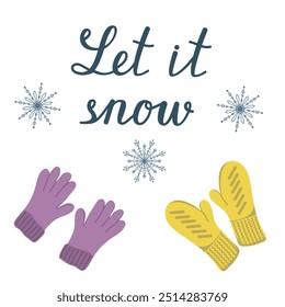 Vector image with knitted warm mittens and gloves. Set of warm clothes for cold season and snowflakes. Winter sale concept. Image of winter accessories and text