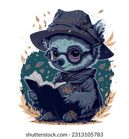 vector image of koala in hat and witch costume reading a book