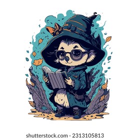 vector image of koala in hat and witch costume reading a book
