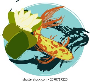 vector image of koi carp in water, on a blue background in the style of a hand pencil drawing