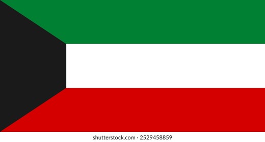 Imagem vetorial da bandeira oficial do Kuwait. Apresentando as cores preto, verde, branco e vermelho, simbolizando herança e unidade. Perfeito para conteúdo cultural, histórico e político