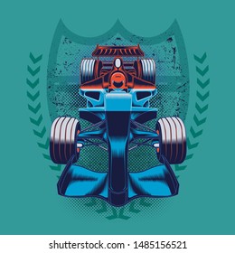 Vector image label with a picture of a racing car. Championship extreme transportation.
Illustration with race car seen from the front with shield surrounded by laurel in green background.