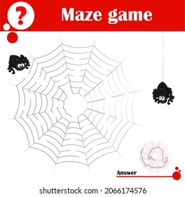 The vector image of a labyrinth of the spider web. Educational game for children. Cartoon illustration for kids