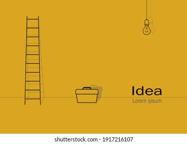 Vector image of a ladder, a tool box, and a hanging light bulb on a yellow background.