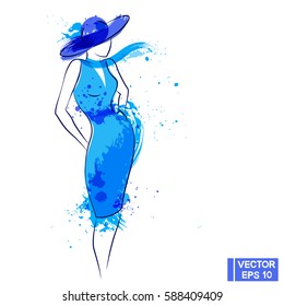  Imagen vectorial. La dama con el vestido azul. Silueta femenina elegante en un vestido y sombrero