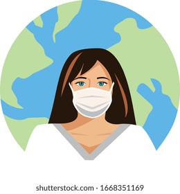 Vektorillustration-Bild einer Dame, die eine Maske trägt, die den Globus hinter sich hat - weltweit oder auf Reisen mit Viren oder Bakterien. Coronavirus.