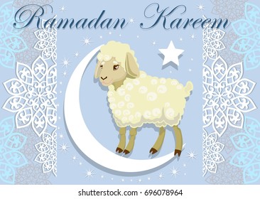 Vector image of lamb and the stars with moon and text on background of blue tones for holiday of the Muslim community Eid Al Adha Mubarak.