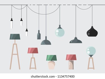 Vector image of the lamp lighting. Chandeliers and table lamps. Pictures for registration.