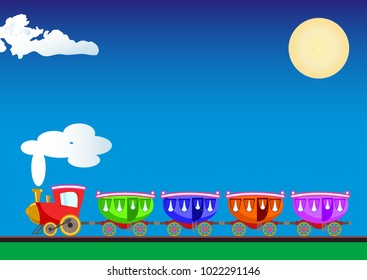 The vector image of a landscape with an animation train with wagon. Children's railway. Vector color background.