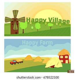 Vector image. The landscape of the countryside, a happy farm. Rural landscape. Set of backgrounds