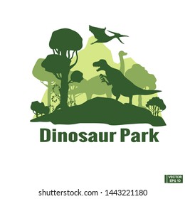 Vector image. Landscape with different dinosaurs. Prehistoric forest. Dinosaurs park.