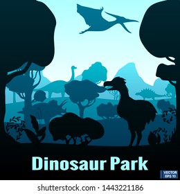 Vector image. Landscape with different dinosaurs. Prehistoric forest. Dinosaurs park.