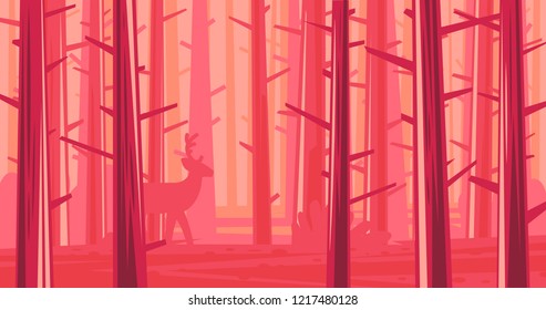 Vector image of a landscape of a forest in red tones, with a deer behind the trees