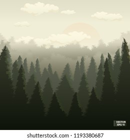 Vector image. Landscape with a green coniferous forest and mountains, in greyish tones.