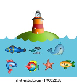 Vector image. Landscape of an island with a lighthouse and fish under the sea. Funny image for Kids.