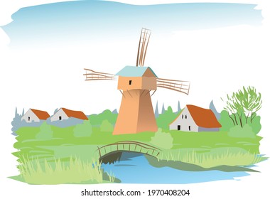 Vector image landscape with a mill 