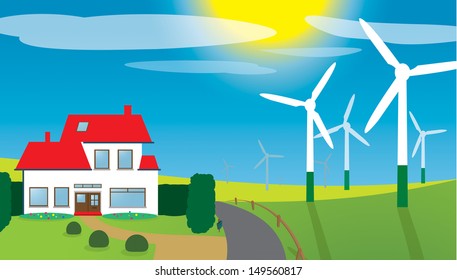 Vector Image of a Landscape with mills and house