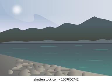 vector image of a landscape with a mountain and sea and a beach with rocks