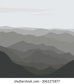Vector image of a landscape. Mountains and hills at altitude. Panorama. Monochrome gray colors. Hand-drawn. Design of posters, postcards, invitations, holiday decorations, decor, textiles, fabrics.