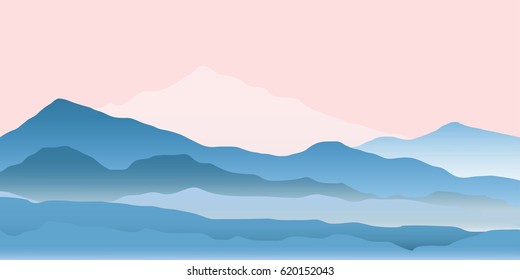 Vector image of the landscape, the mountains and mist