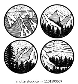 Vector image of a landscape of mountains and trees in round icons. Graphic black and white illustration.