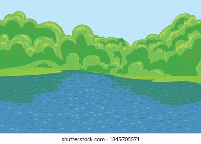 vector image. landscape with river and trees.