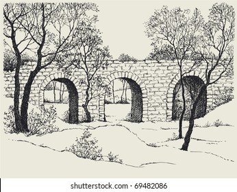 Vector image. Landscape sketch of an old stone bridge in the trees on the hills