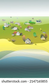 Imagen vectorial, paisaje con un pueblo a orillas del mar en un claro día de verano