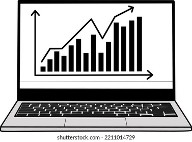 imagen vectorial de una laptop con grafo empresarial en estilo plano sobre fondo blanco
